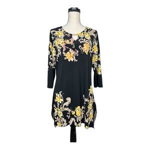 JM Collection Black and Yellow Floral Tunic Dress Size M